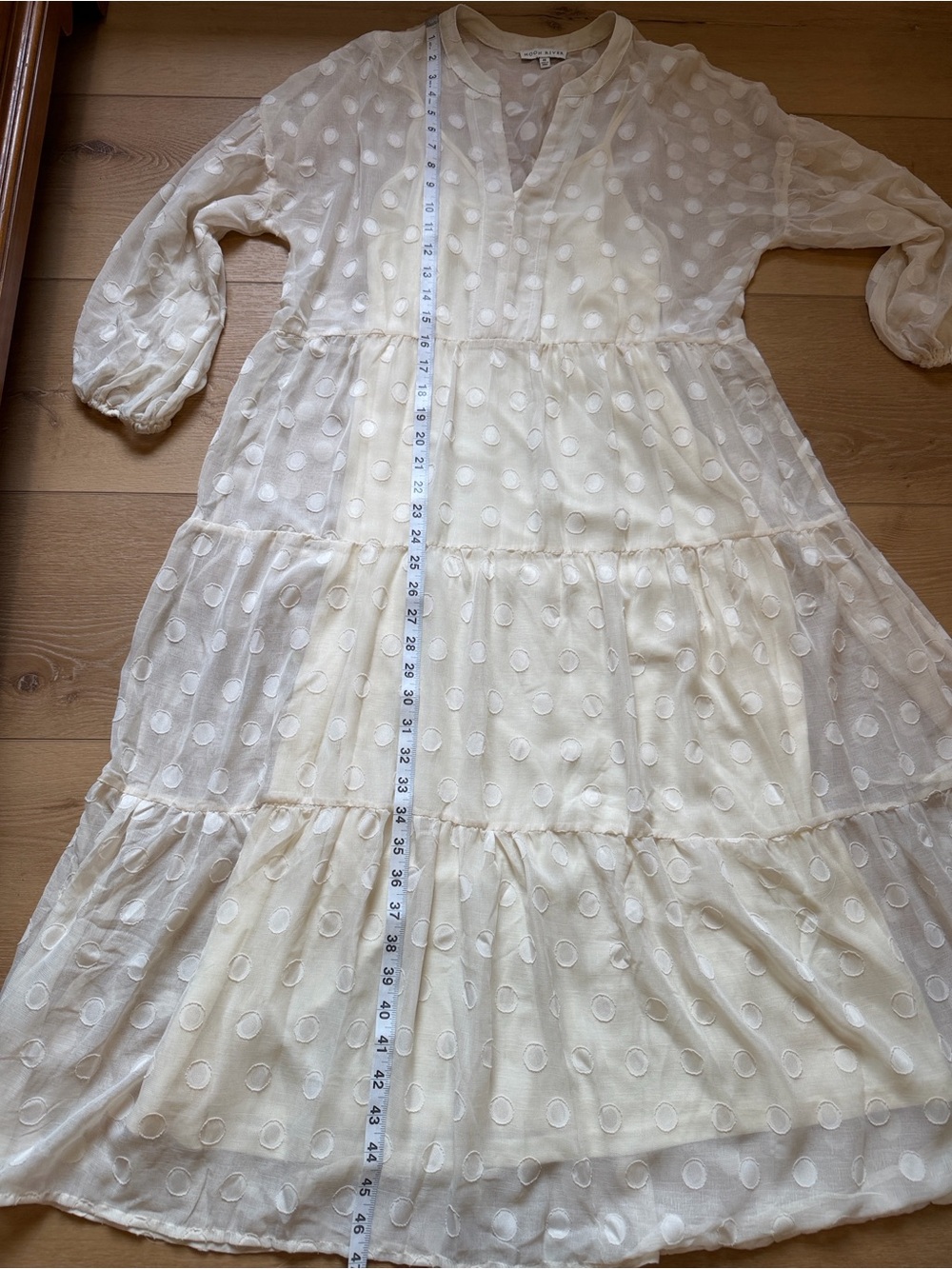 Moon River / Anthropologie Ivory Sheer Polka Dot Midi Dress - Picture 6 of 9